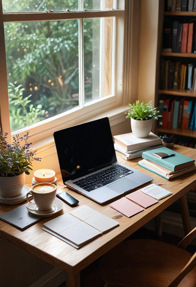 A serene workspace featuring a cozy desk with a laptop, surrounded by inspirational books and a steaming cup of coffee. A gentle sunlight filters through a window, illuminating note cards with creative ideas. The atmosphere is inviting, suggesting a smooth process of content creation. Include soft pastel colors for a calming effect. super-realistic. vibrant colors. warm lighting.