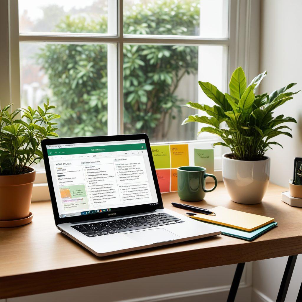 A cozy workspace featuring a laptop with a blog page open, surrounded by colorful sticky notes labeled with helpful tips, a steaming mug of coffee, and a notepad with a checklist. A window shows a bright sunny day outside, symbolizing inspiration and creativity. Include a plant for a fresh touch and soft, inviting colors. super-realistic. vibrant colors. white background.