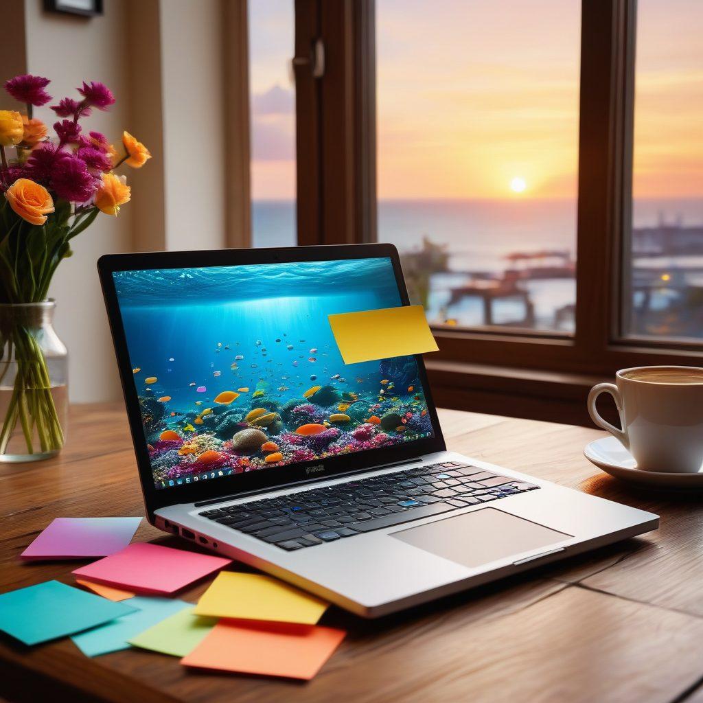 An open laptop on a cozy wooden desk, surrounded by colorful sticky notes and a steaming cup of coffee, with a surreal underwater scene visible on the laptop screen depicting bubbles and fish representing creativity. Soft natural light filtering through a nearby window adds warmth to the atmosphere. super-realistic. vibrant colors. cozy setting.
